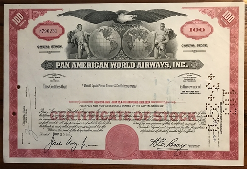 USA 1927 Pan American World Airways 5 Shares Bond Loan Stock Certificate 